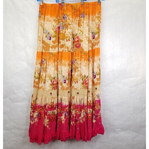 Forbidden Maxi Broom Skirt Womens L Floral Crochet Beads Tiered Orange Pink Boho - Picture 7 of 11